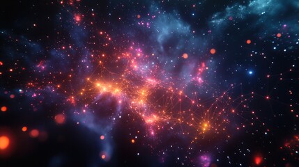 Fototapeta premium Vibrant digital visual showcasing glowing nodes and intricate network connections, set against a deep cosmic starry backdrop
