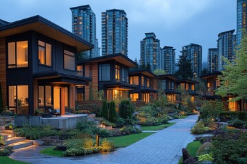 Modern houses lighting up at twilight in upscale housing development