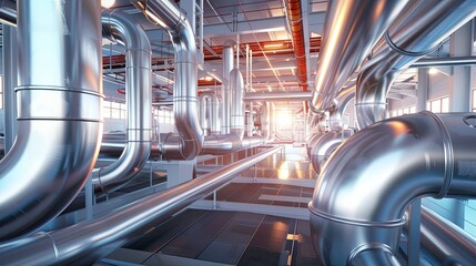 A technical room filled with galvanized or stainless steel pipes. Piping inside a modern factory. Illustration for banner, poster, cover, brochure, advertising, marketing or presentation.