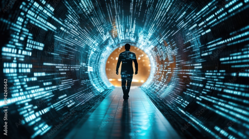 Poster man walking in futuristic technology tunnel with computer code