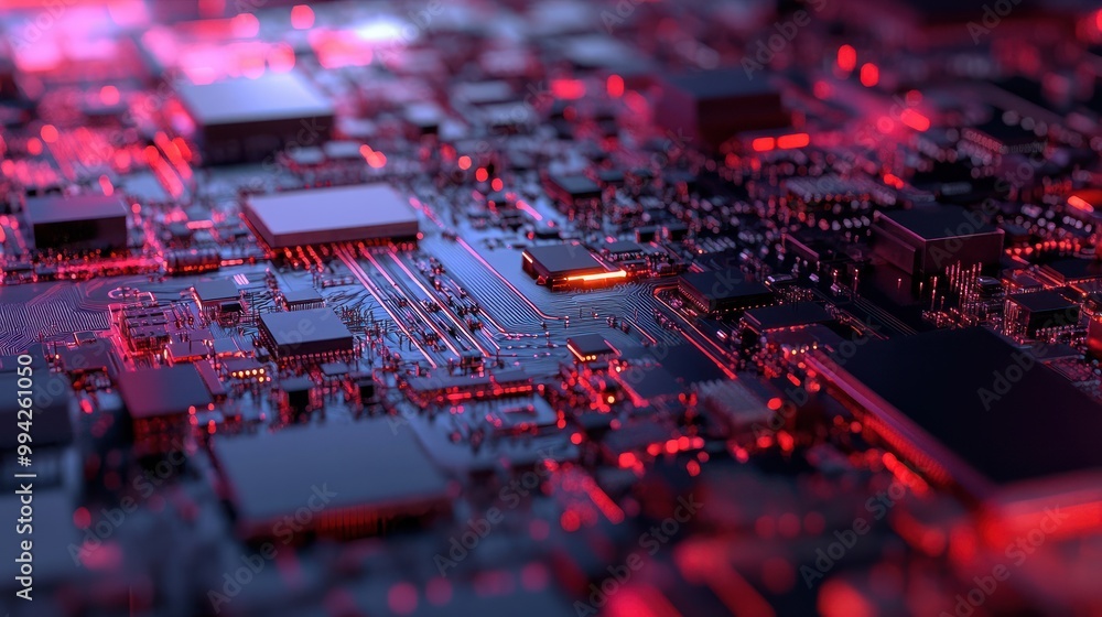 Poster microchip, surface zoom in, macro, tech, computer, it created with generative ai technology