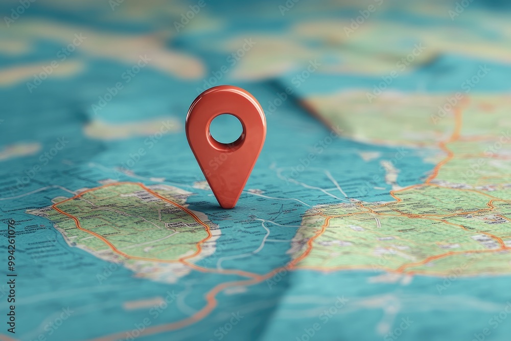 Poster red location pin pointing on a folded map