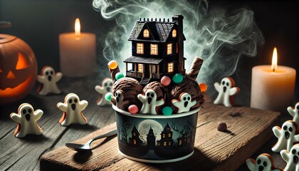 Haunted house-themed ice cream in a cup, decorated with candy ghosts, set in a dark and eerie atmosphere.