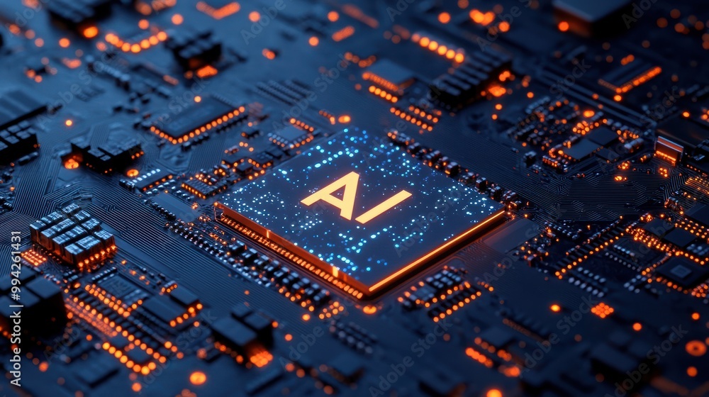 Poster motherboard with ai written on it. concept ai (artificial intelligence) technology, chip ic on pcb, 
