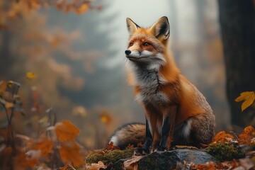 Fototapeta premium Red fox sitting in autumn leaves looking up intently