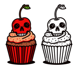 Halloween cupcake with a cherry skull, line and colored illustration