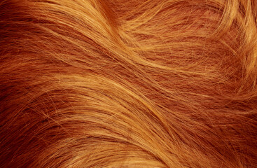 Naklejka premium Red hair close-up as a background. Women's long orange hair. Beautifully styled wavy shiny curls. Hair coloring bright shades. Hairdressing procedures, extension.