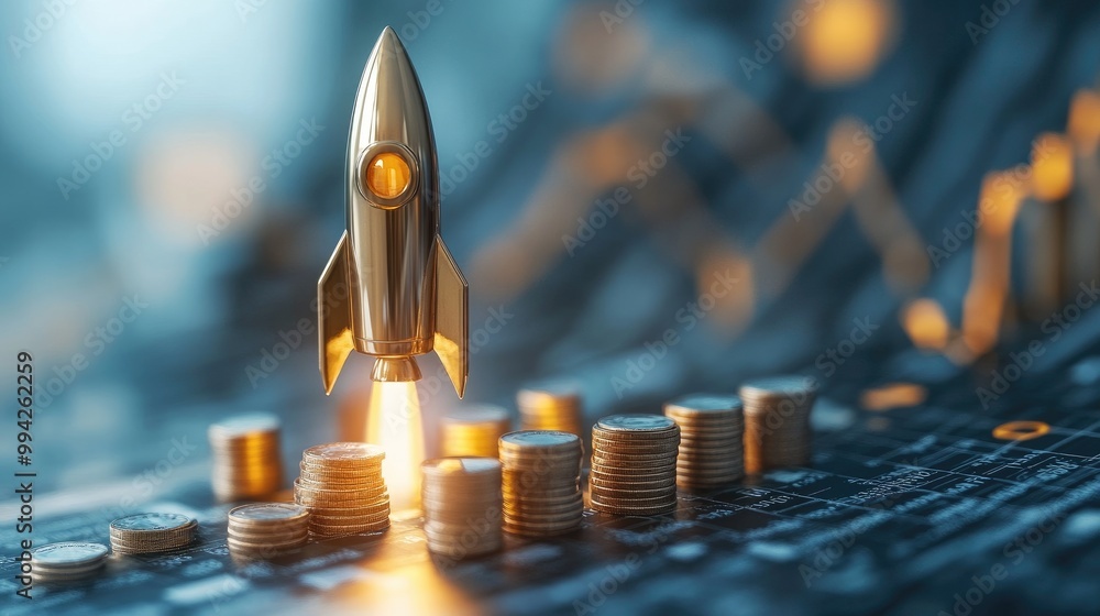 Poster golden rocket launching from increasing stacks of coins on financial chart
