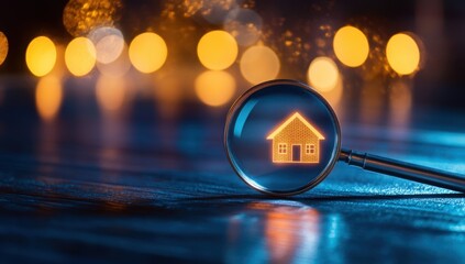 A magnifying glass over the glowing house icon on a blue wooden table with blurred lights in the background, a real estate search concept Generative AI