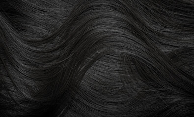 Brunette or black hair. Female long dark hair in black. Beautifully laid curls. Closeup texture in a dark key. Hairdressing, hair care and coloring. Shading gray hair. Background with copy space.