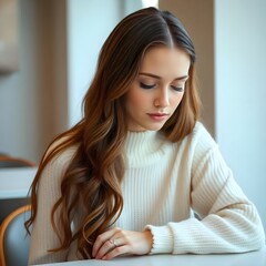 a woman with long hair wearing a white sweater sits at a table and her eyes closed