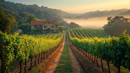 Naklejka premium Vineyard Pathway Leading to a Country House at Dawn