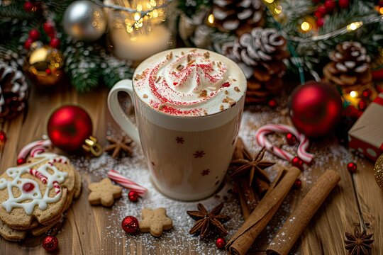 Cozy Christmas latte with snowflake art, cinnamon sticks, and holiday cookies, surrounded by festive decorations