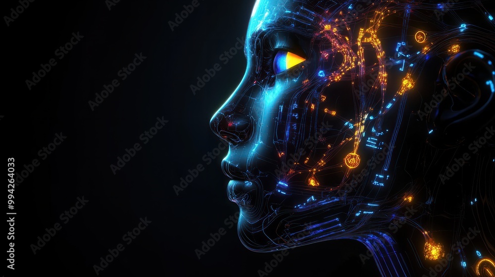 Poster side view of a humanoid head with blue and yellow eyes and vibrant neon neural network, representing