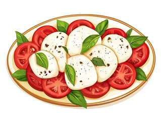 Artful Design of Mozzarella & Tomato Salad: A Stylish Oval Dish Perfect for Sports Interior Posters, Celebrating Fresh Ingredients with Green Basil and Leafy Greens!