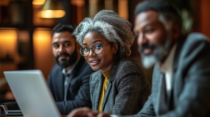 business professionals working together on a software solution via laptop, showcasing teamwork and communication in a corporate office setting