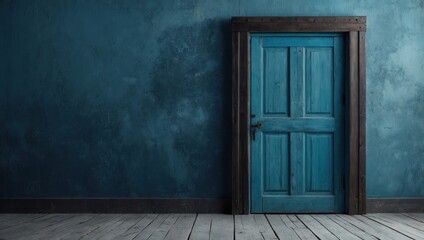 Door with open window in dimly lit room, textured wall and weathered appearance
