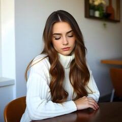 a woman with long hair wearing a white sweater sits at a table and her eyes closed