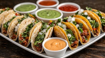 Vibrant platter of Mexican street food bites, mini tacos, and colorful sauces, styled with a lively fiesta atmosphere, perfect for festive gatherings