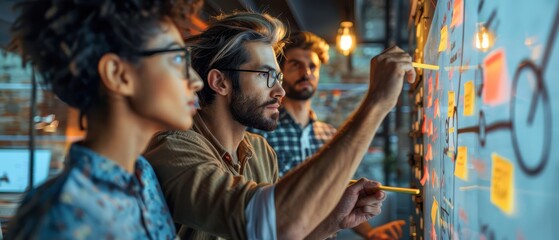 Focused team collaborating on brainstorming session, using sticky notes on a whiteboard.