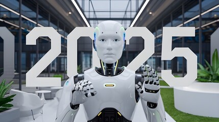 2025, a futuristic vision of innovation and AI artificial intelligence, highlighting the role of robots and technology, new year machine development for business goals