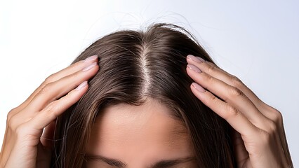 Fototapeta premium Signs of hair loss and thinning, sparse patches on the crown. Woman's hands touching her hair. Head of an adult girl on a white background.