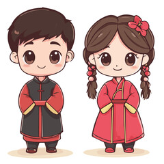 Illustrations of Cute young boys and girls in Chinese costumes