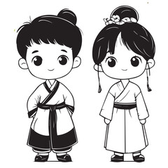 Illustrations of Cute young boys and girls in Chinese costumes