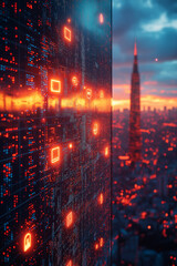 Fototapeta premium A city skyline with a tall building in the background