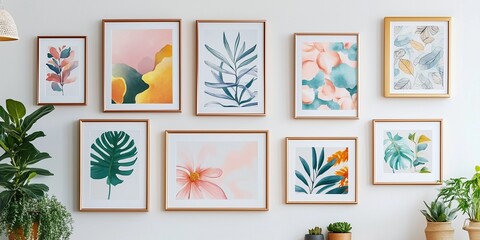a wall in bright room full of framed art with plants on the floor