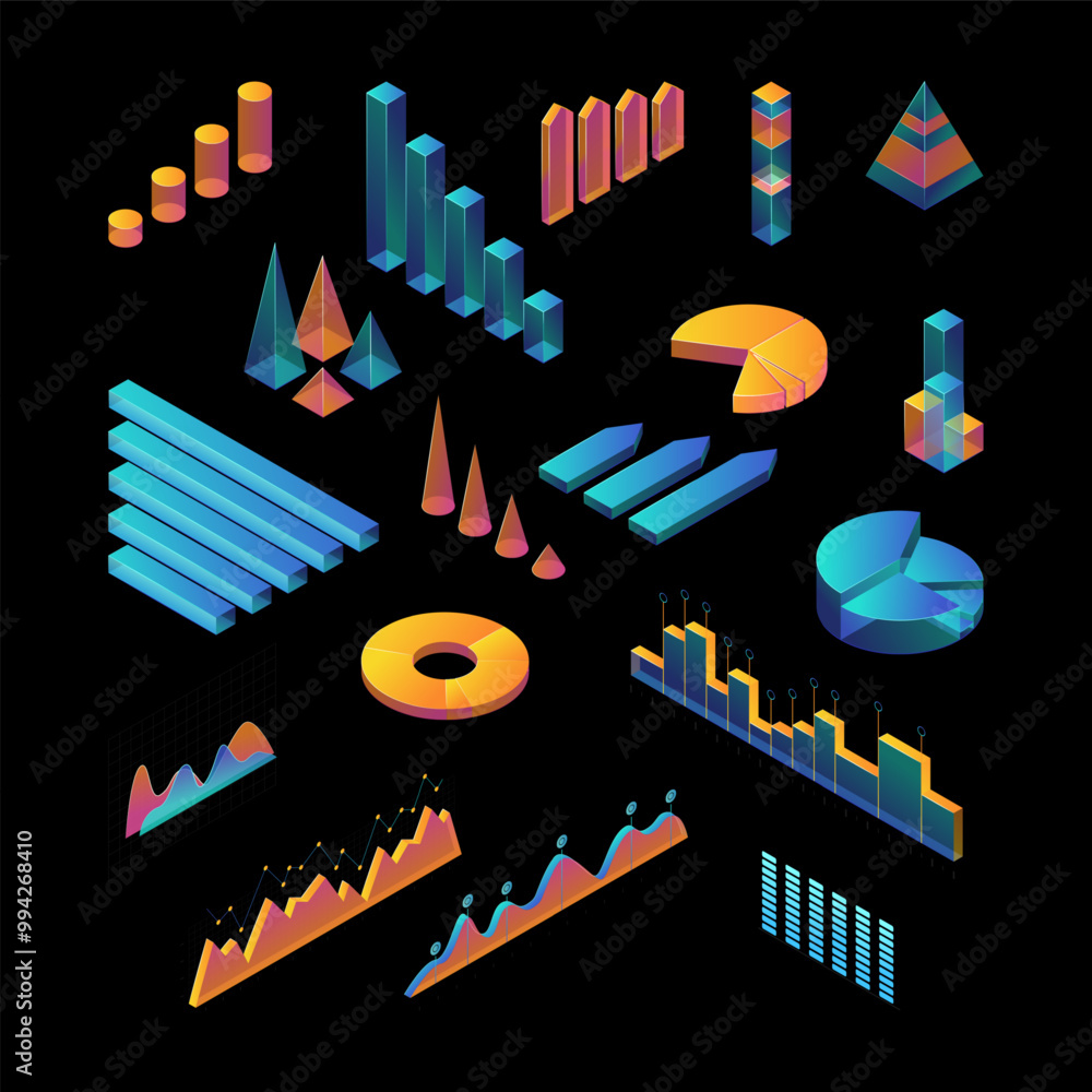 Aufkleber color futuristic data graphics set isometric view business charts and statistics diagram on a black.
