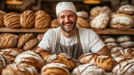 A cheerful baker in a white hat and apron happily presents a selection of freshly baked artisan bread loaves in a cozy bakery setting, showcasing craftsmanship.