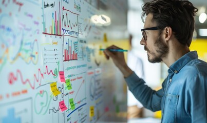 Focused team collaborating on brainstorming session, using sticky notes on a whiteboard.