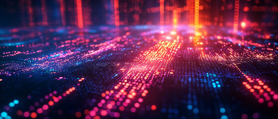 Obraz premium A colorful, abstract image of a cityscape with bright lights and dots