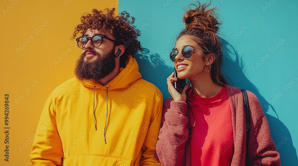 Poster couple having a dialogue on the phone, engaging in a meaningful conversation through mobile communic