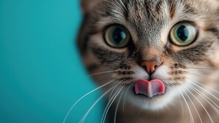A cute cat faces the camera with its tongue adorably sticking out, set against a lovely blue background, capturing the charm and playful expression of the feline.