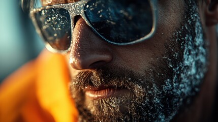 A close-up of a person's face partially hidden by a yellow hazmat suit, with glasses in focus, reflecting themes of safety, precision, and modern scientific endeavors.