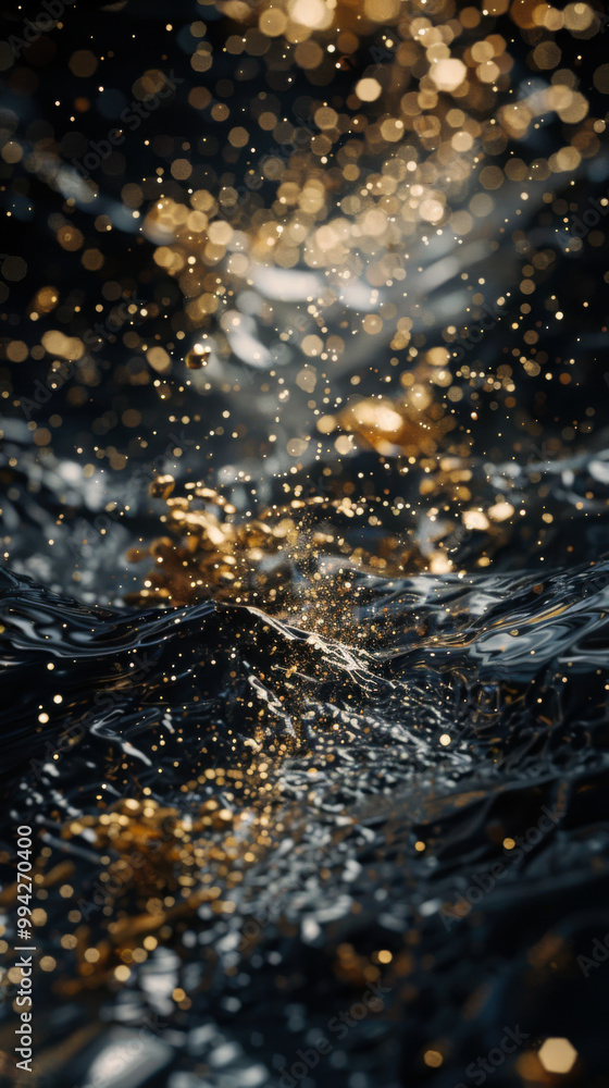 Poster sparkling droplets form stunning patterns as they collide with dark waters, capturing light in a mag