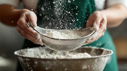 Detailed image of an individual sifting flour into a mixing bowl, showcasing the fine flour particles in motion, associated with the initial stages of baking.