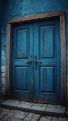 Open wooden door with peeling blue paint, showing signs of wear from exposure