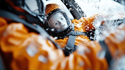 Two crash test dummies dressed in orange protective suits are simulated in a car crash scene, analyzing the impact and effectiveness of restraint systems.