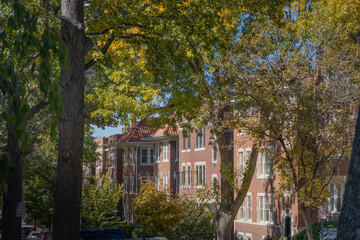 Apartment buildings in fall in DeMun St. Louis Missouri Midwest USA