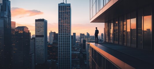 A towering skyscraper with a figure standing on the roof, looking out over a cityscape, illustrating the theme of rising to the top in a career or personal life