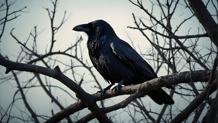 Fototapeta premium Black raven on spooky tree branch background. Halloween concept.