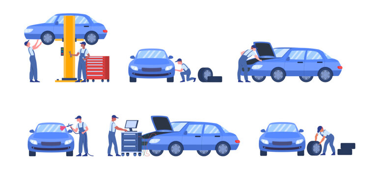 Cartoon Color Characters People Car Service Workers Concept Flat Design Style. Vector illustration of Worker and Repair Process