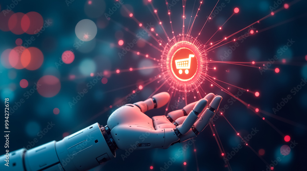 Poster a highly advanced robotic hand extends to hold a luminous shopping cart symbol, surrounded by an arr