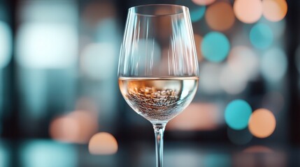 A close-up view of an elegant wine glass filled with white wine, set against a blurred bokeh background of vibrant colors, giving it a sophisticated and artistic appeal.