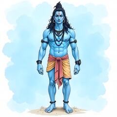 Hindu lord Shiva's full body, pastel blue color background, watercolor style