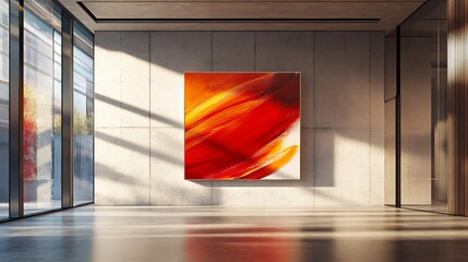 A bold abstract painting with dynamic red and orange strokes, placed against a polished concrete wall in a contemporary art gallery