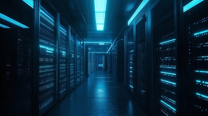 advanced data center with eerie lighting and futuristic rows of servers showcasing cyber security, cloud computing, and high-performance networking